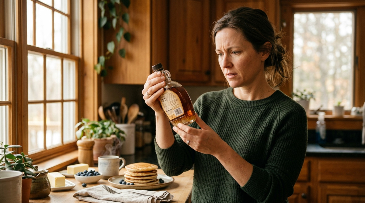 Femme perplexe devant une bouteille de sirop d'érable cristallisé