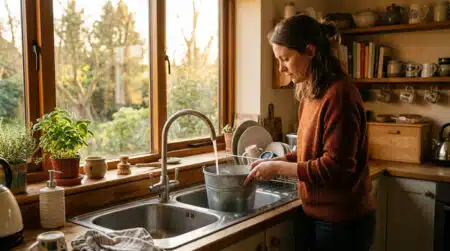Femme plaçant un seau sous le robinet le matin