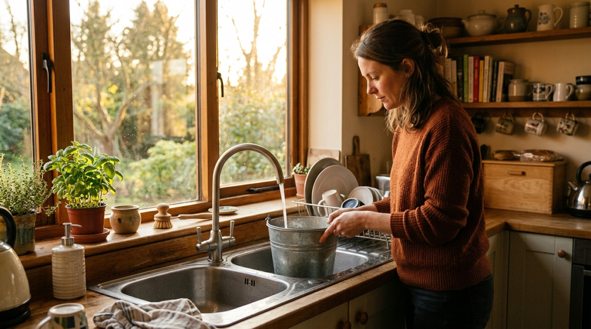 Femme plaçant un seau sous le robinet le matin