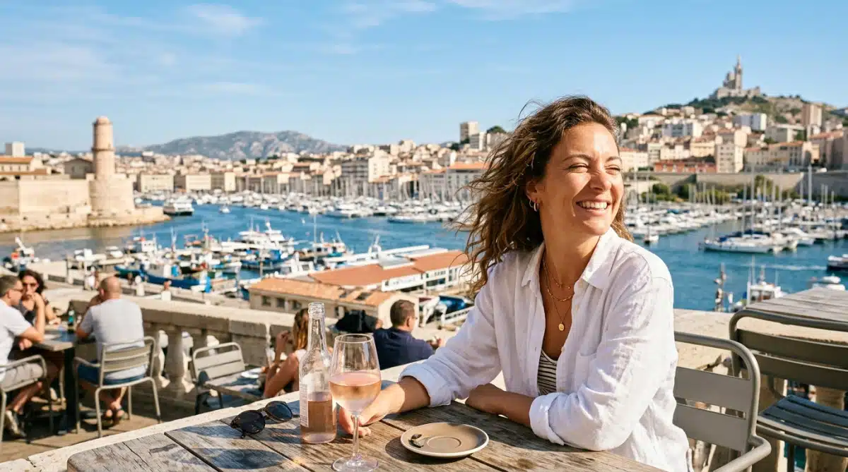 Femme profitant du soleil sur une terrasse à Marseille