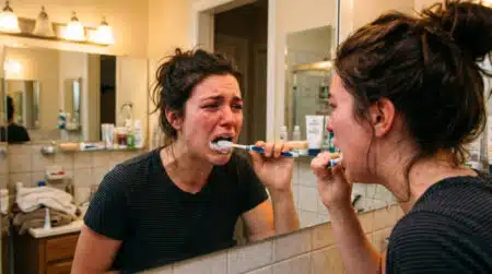 Femme qui a un réflexe nauséeux en se brossant les dents