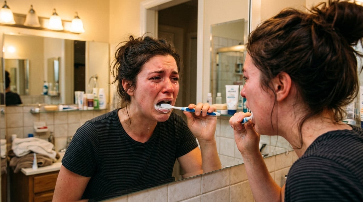 Femme qui a un réflexe nauséeux en se brossant les dents