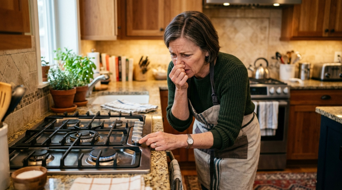 Femme qui sent une odeur suspecte de gaz dans sa cuisine
