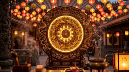 Femme rayonnante entourée d'une lumière dorée mystique évoquant l'astrologie chinoise
