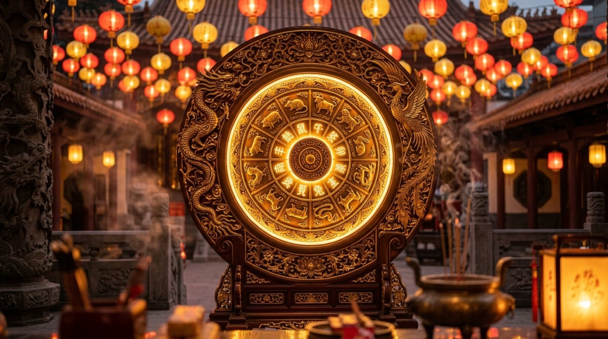 Femme rayonnante entourée d'une lumière dorée mystique évoquant l'astrologie chinoise
