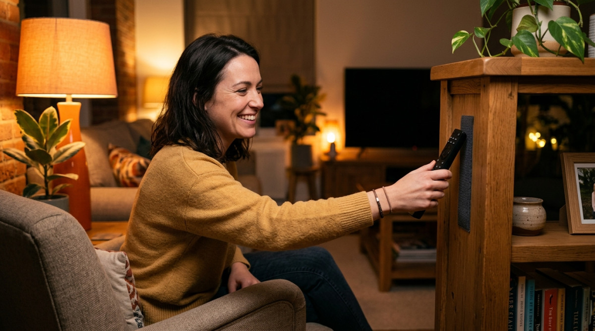Femme récupérant facilement sa télécommande fixée au mur
