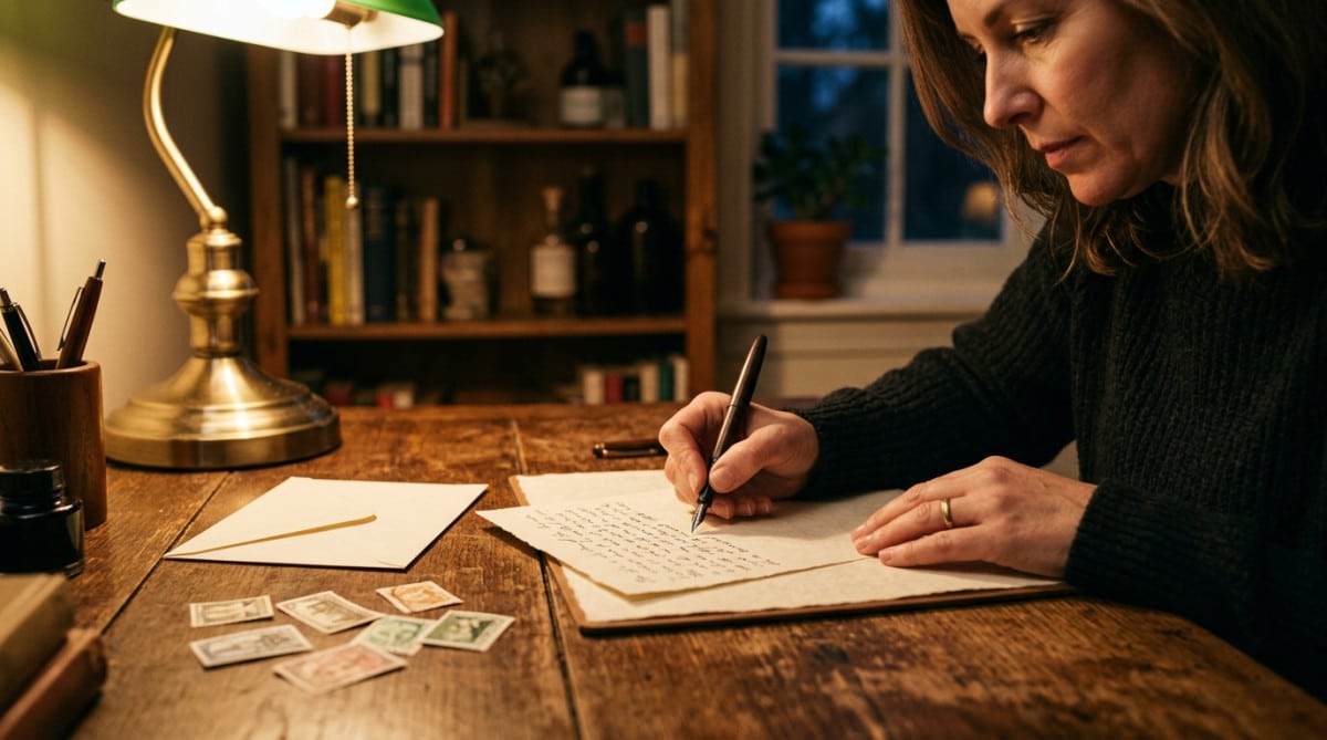 Femme rédige une lettre recommandée au propriétaire