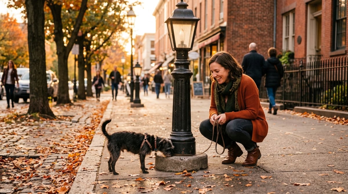 Femme regardant son chien renifler un lampadaire en ville