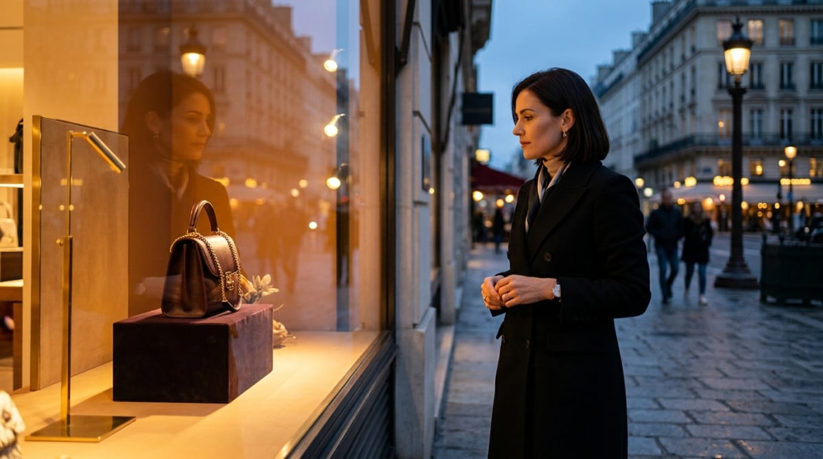 Femme regardant un sac de luxe en vitrine