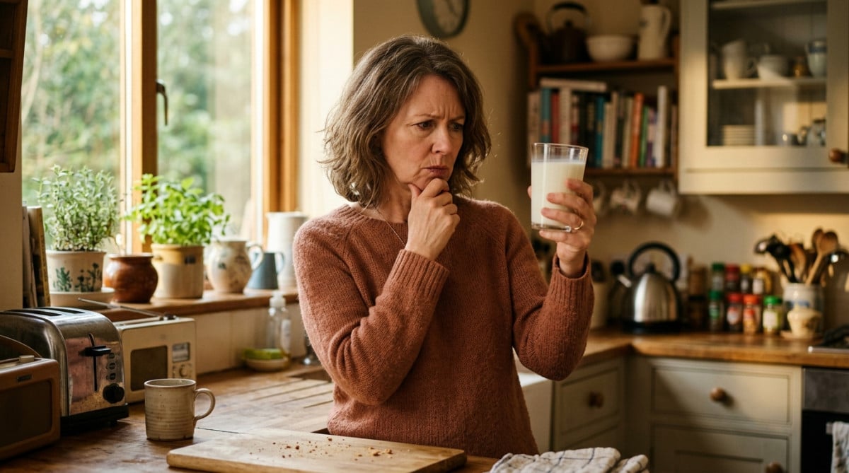 Femme regardant un verre de lait avec doute