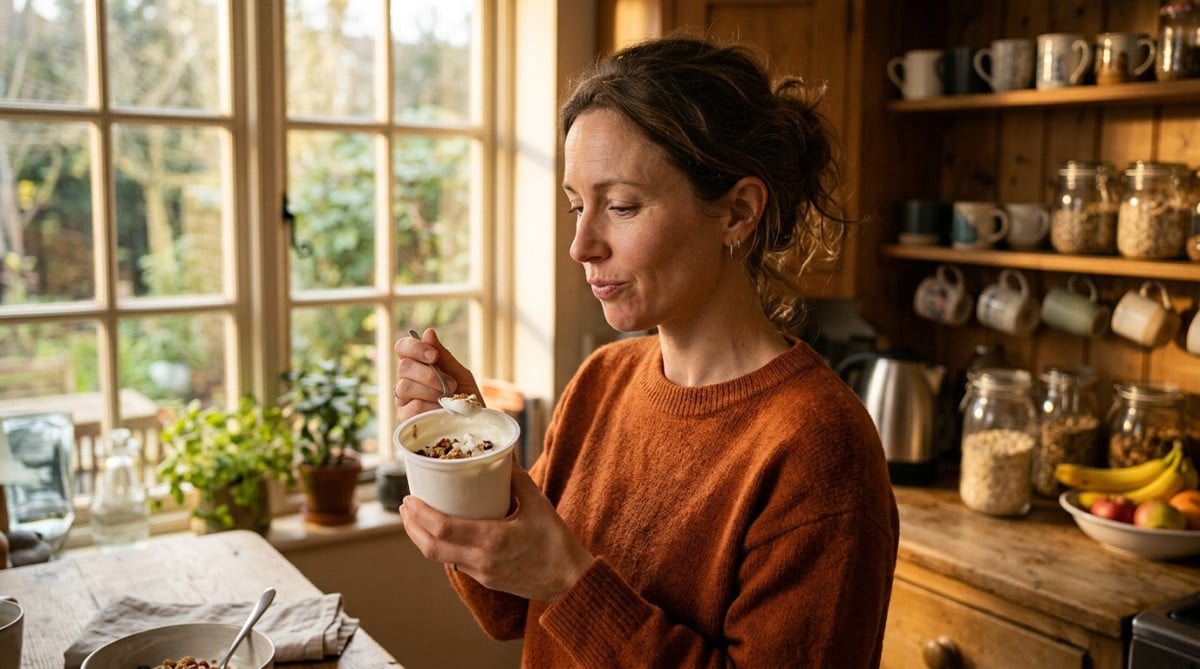 Femme regardant un yaourt périmé dans sa cuisine
