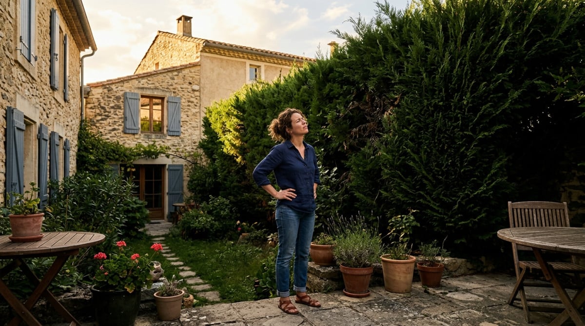 Femme regardant une haie trop haute sur sa terrasse