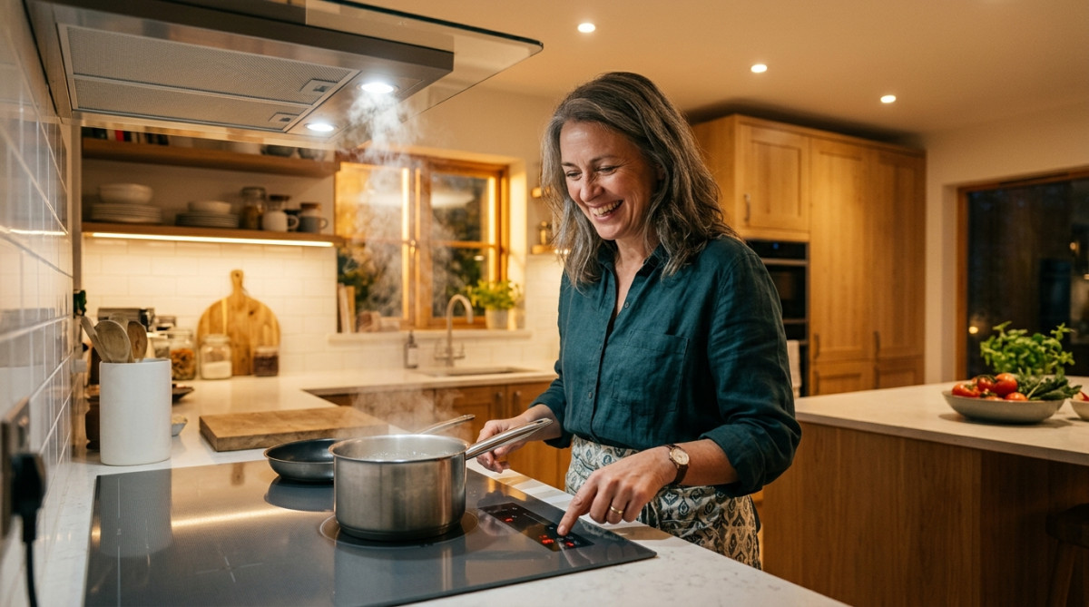 Femme réglant le booster de sa plaque à induction