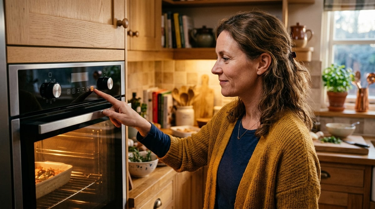 Femme réglant le mode chaleur tournante sur son four