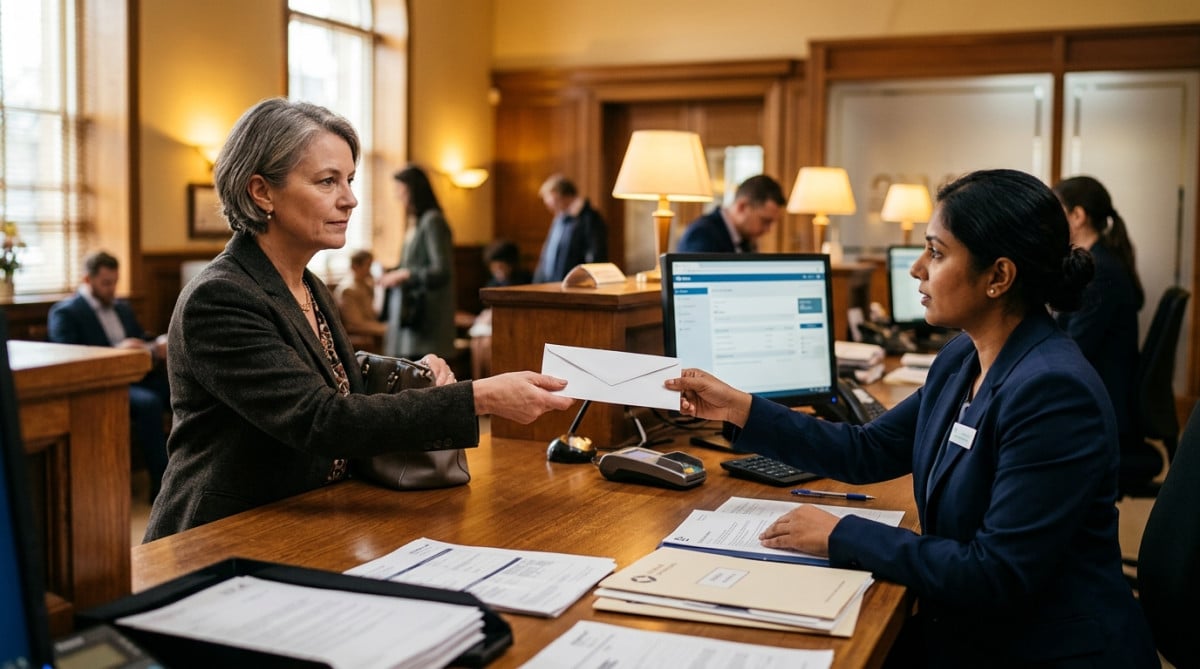 Femme remettant une réclamation écrite au guichet de banque