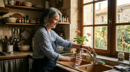 Femme remplissant un verre d'eau du robinet à Bordeaux