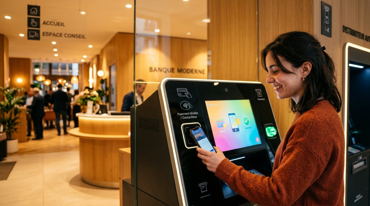 Femme retirant de l'argent avec son smartphone en 2026