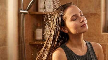 Femme rinçant ses cheveux à l'eau froide sous la douche