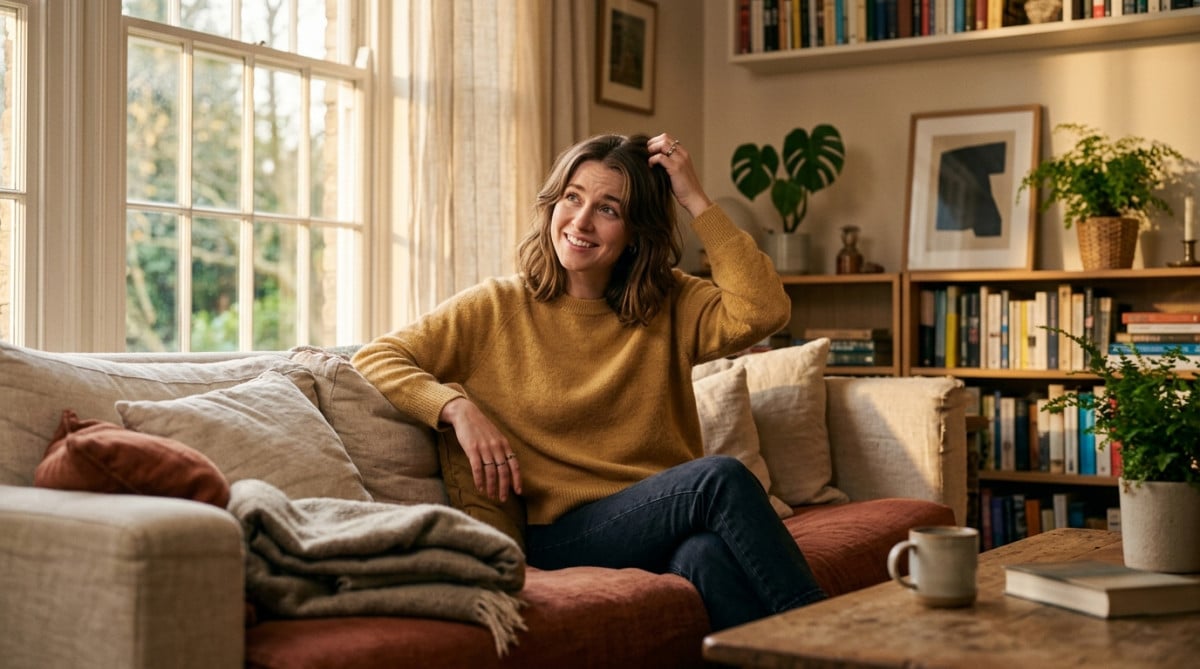 Femme se grattant la tête avec expression amusée et perplexe