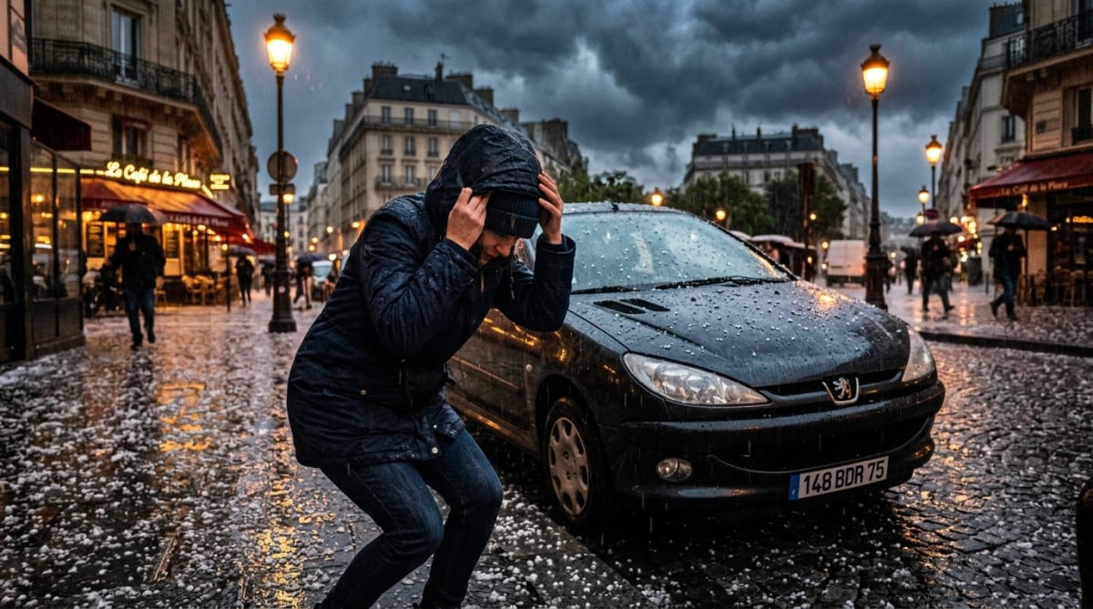 Femme se protégeant pendant un orage de grêle en ville
