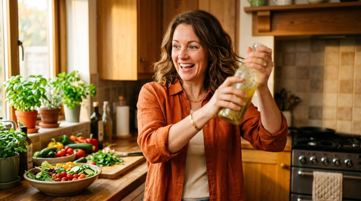 Femme secouant une bouteille de vinaigrette dans sa cuisine
