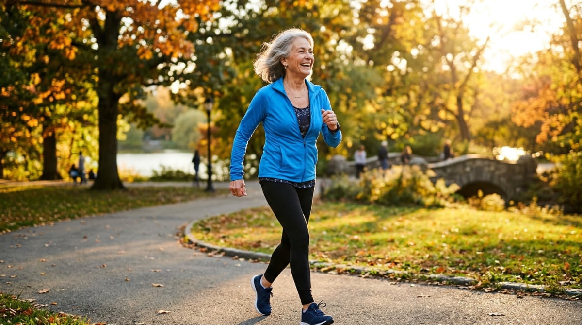 Femme senior marchant activement au soleil
