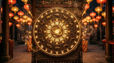 Femme sereine entourée de lanternes zodiacales chinoises lumineuses dans un jardin mystique doré