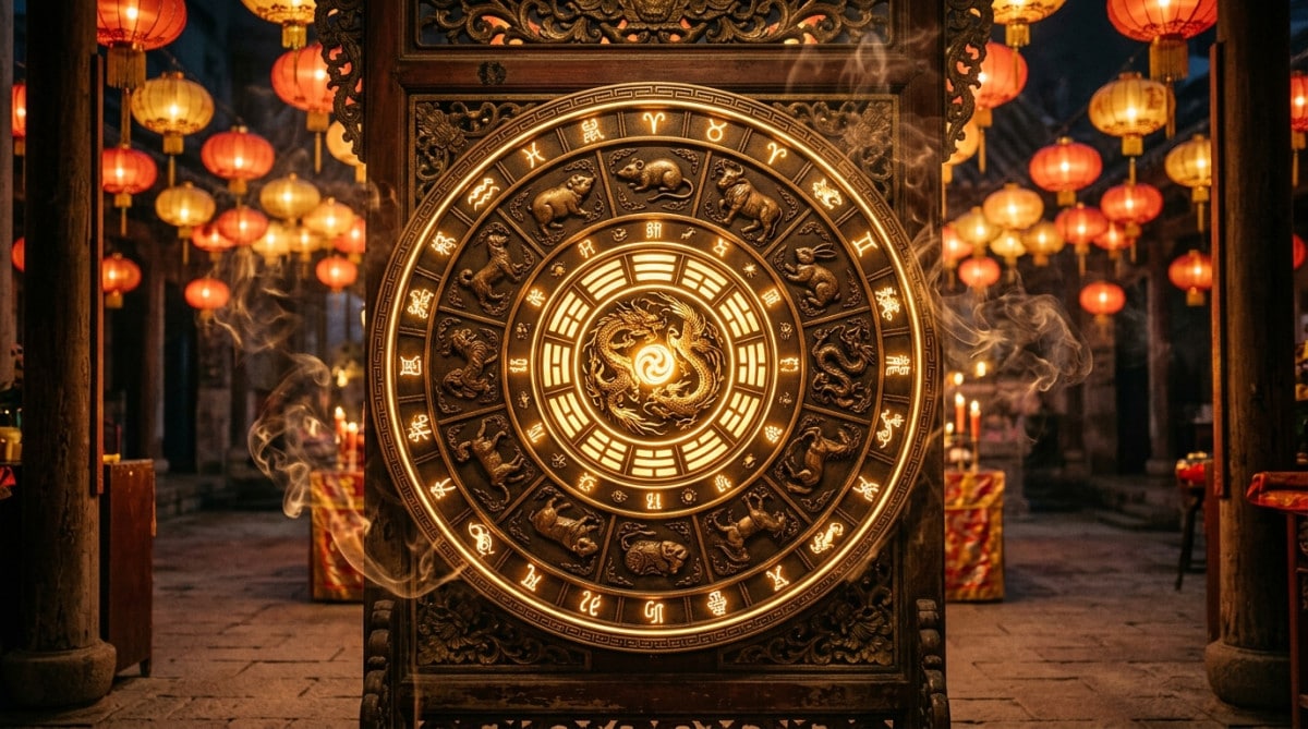 Femme sereine entourée de lanternes zodiacales chinoises lumineuses dans un jardin mystique doré