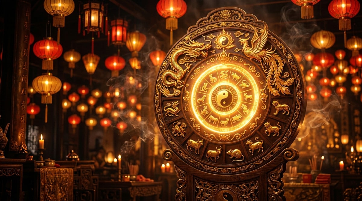 Femme sereine entourée de lumière mystique bleue symbolisant l'énergie Eau-Yang de l'horoscope chinois
