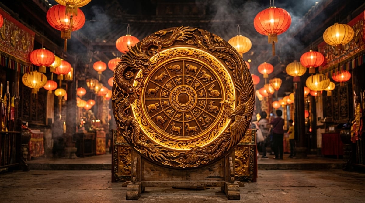 Femme sereine entourée des animaux du zodiaque chinois dans une lumière dorée mystique