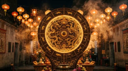 Femme sereine méditant dans un jardin mystique doré illustrant l'horoscope chinois du 8 août 2026