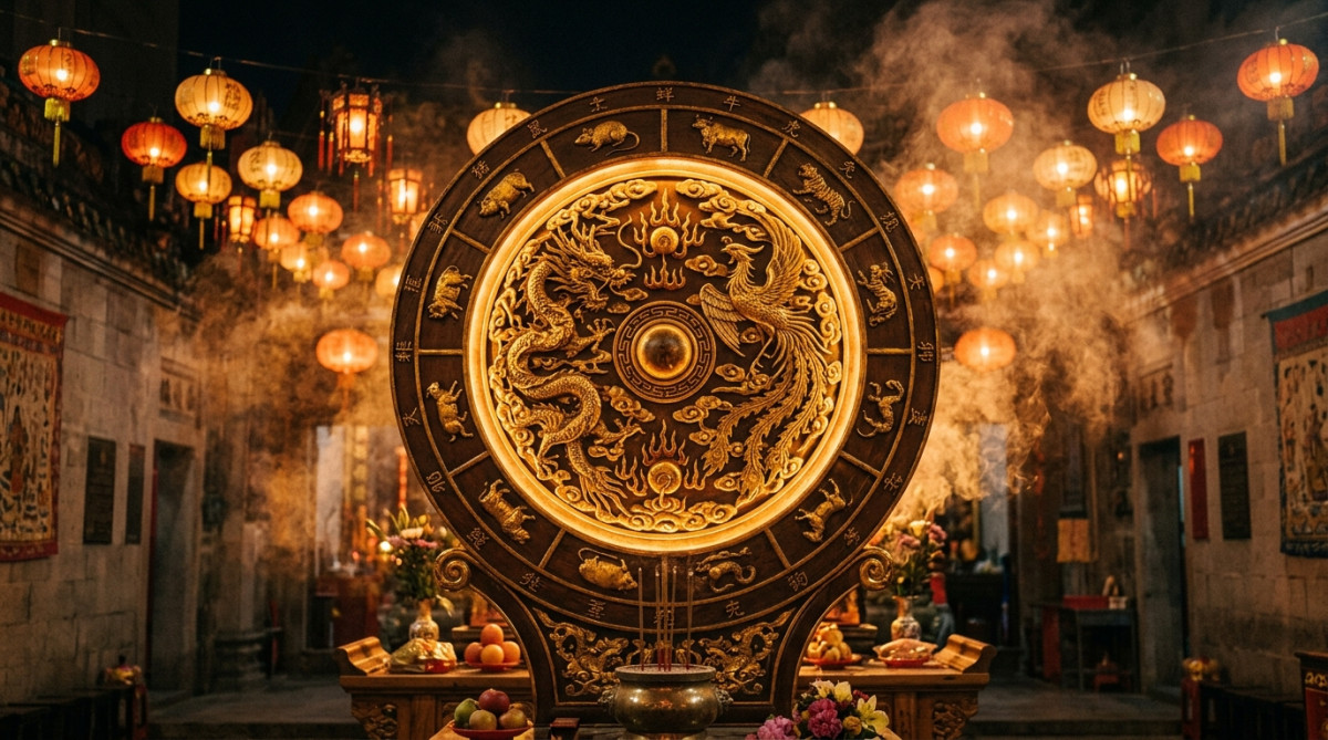 Femme sereine méditant dans un jardin mystique doré illustrant l'horoscope chinois du 8 août 2026