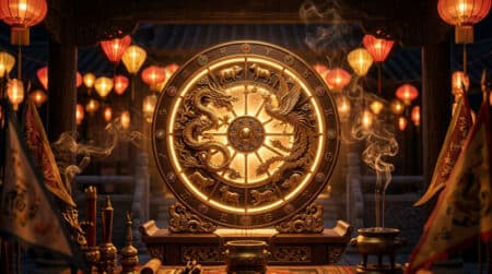Femme sereine méditant dans un jardin mystique doré pour l'horoscope chinois du 7 août 2026