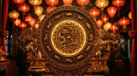 Femme sereine méditant dans une ambiance mystique dorée entourée des symboles du zodiaque chinois