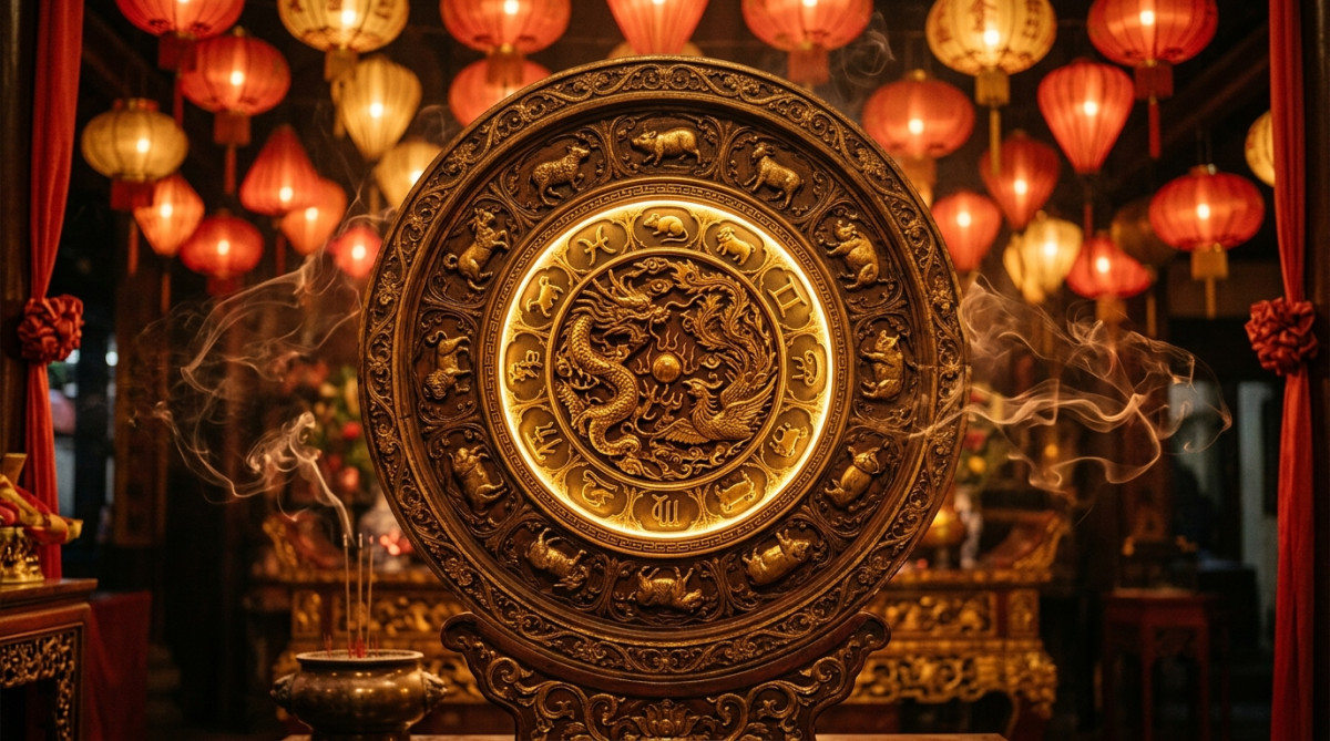 Femme sereine méditant dans une ambiance mystique dorée entourée des symboles du zodiaque chinois