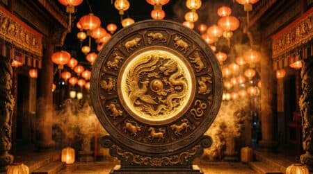 Femme sereine méditant entourée de symboles du zodiaque chinois dans une lumière dorée mystique