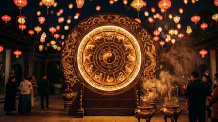 Femme sereine méditant entourée de symboles du zodiaque chinois lumineux