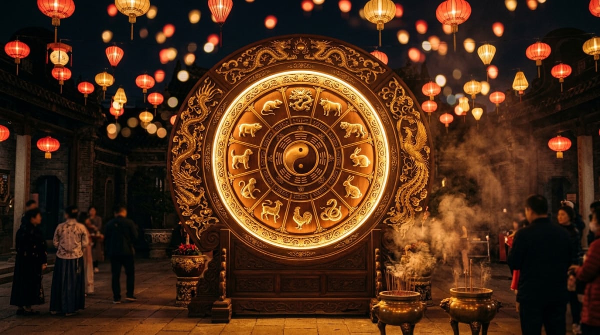 Femme sereine méditant entourée de symboles du zodiaque chinois lumineux