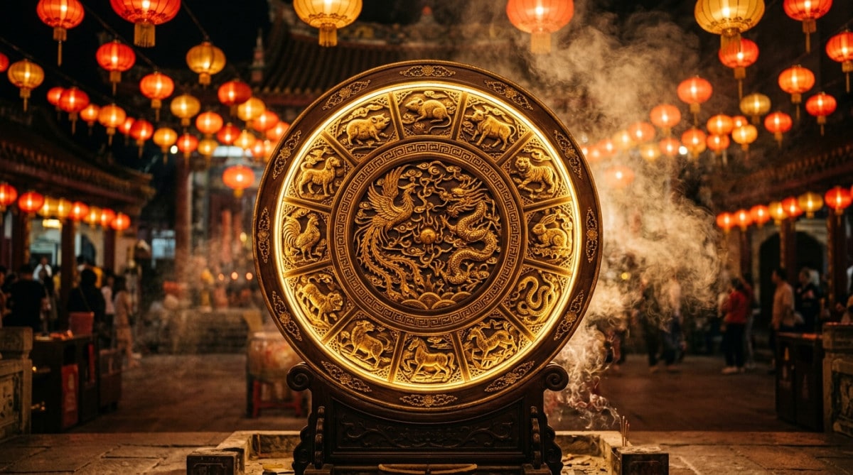 Femme sereine méditant entourée des animaux du zodiaque chinois dans une lumière dorée mystique