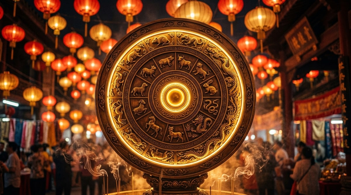 Femme sereine méditant sous une lumière mystique dorée entourée de symboles du zodiaque chinois