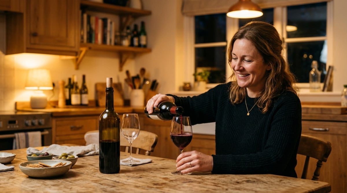 Femme servant un verre de vin à table le soir