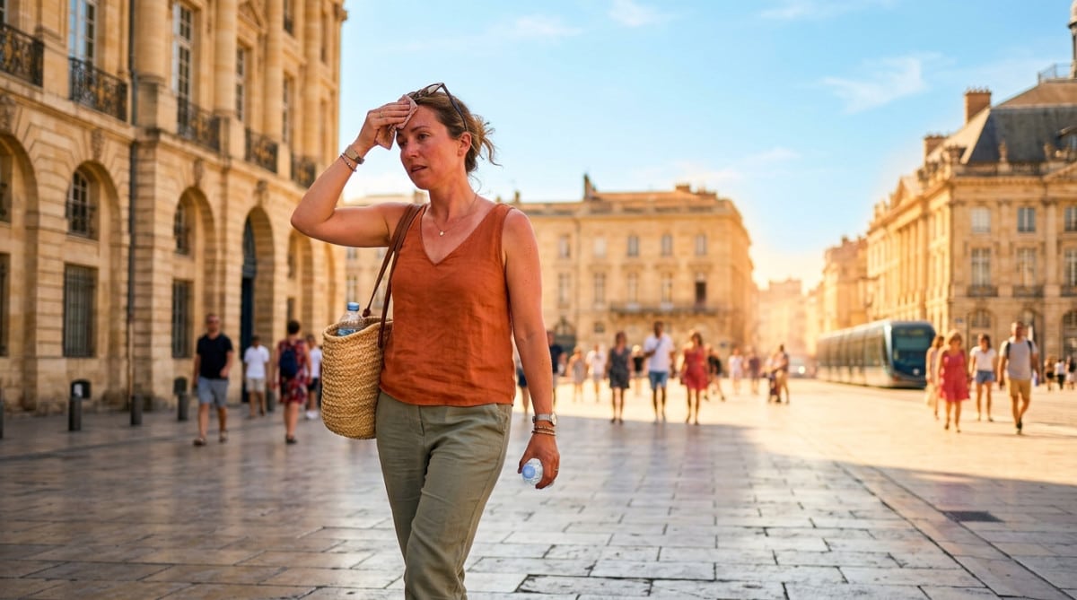Femme s'essuyant le front sous la chaleur à Bordeaux