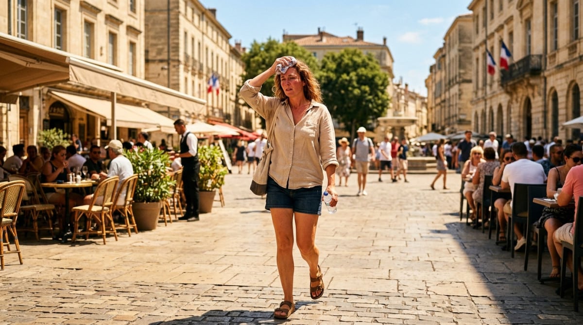 Femme s'essuyant le front sous la chaleur en ville