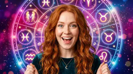 Femme souriante contemplant un ciel étoilé mystique lors de l'horoscope du 14 août 2026