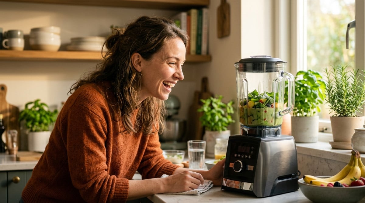 Femme souriante devant un blender haut de gamme