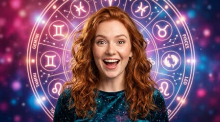 Femme souriante entourée d'étoiles scintillantes lors d'une soirée mystique d'horoscope