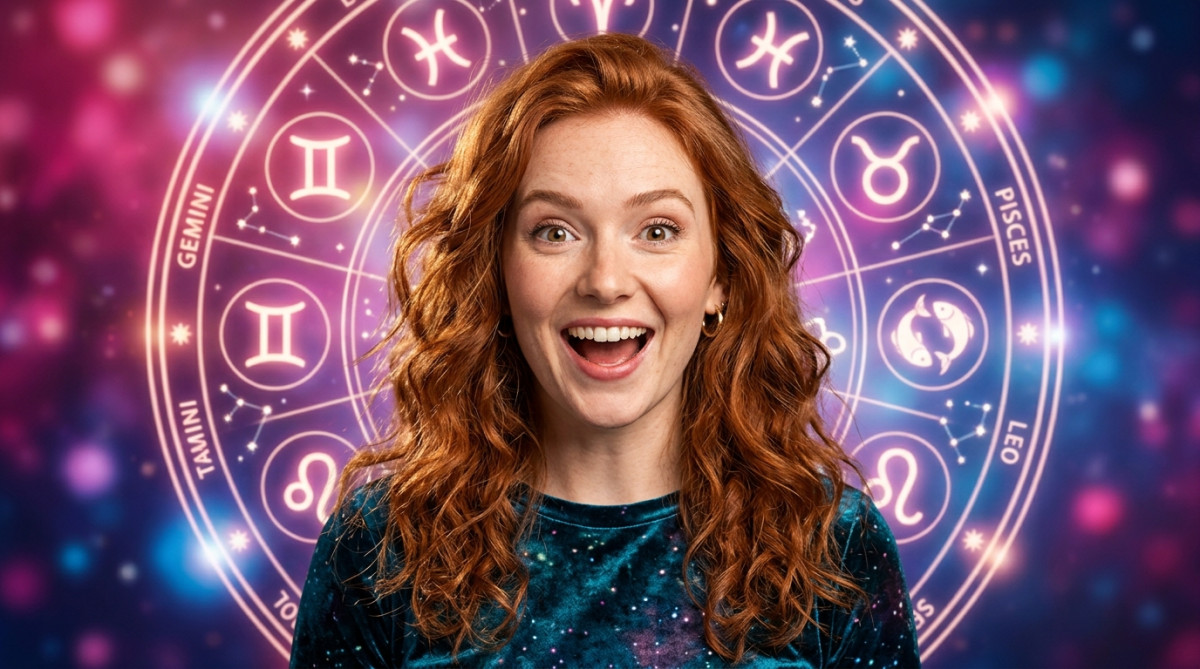 Femme souriante entourée d'étoiles scintillantes lors d'une soirée mystique d'horoscope