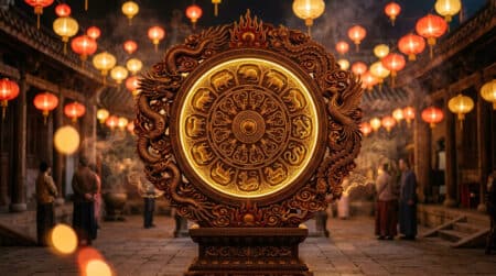 Femme souriante entourée d'une lumière mystique dorée symbolisant l'énergie Feu du jour en astrologie chinoise