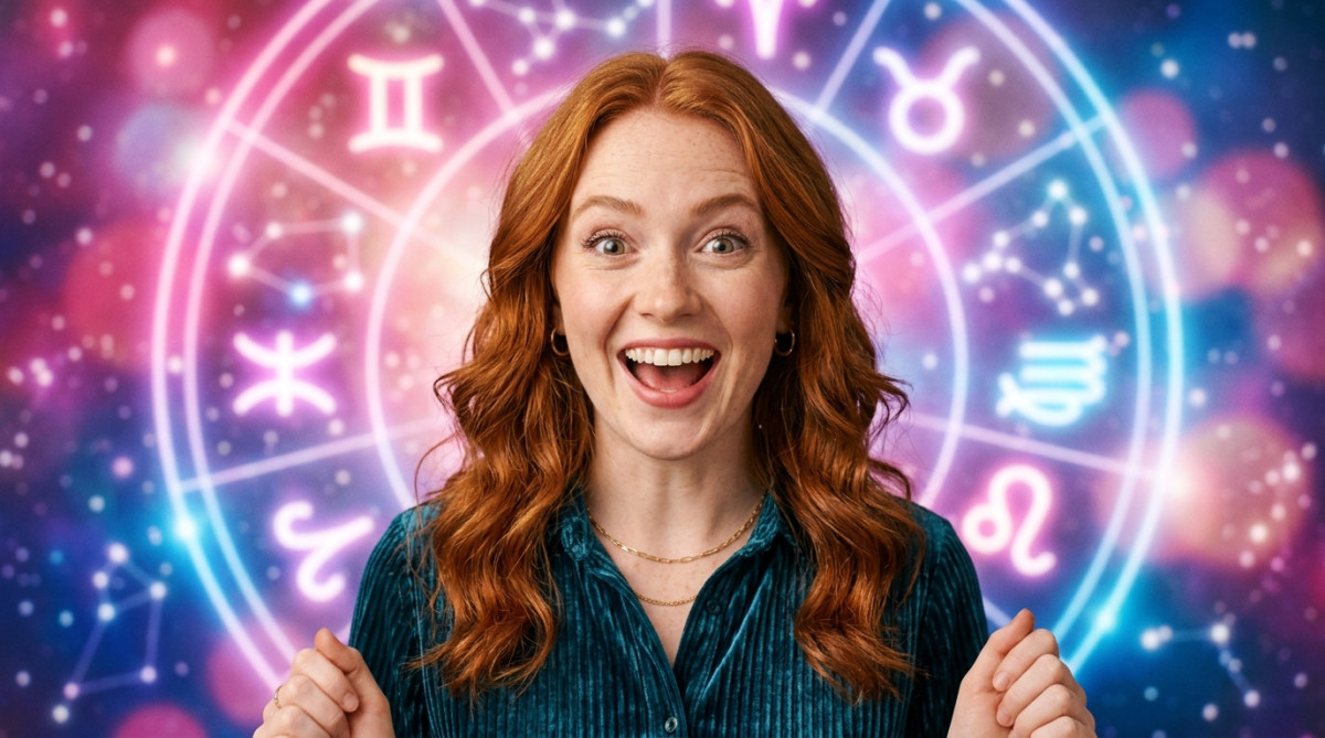 Femme souriante sous un ciel étoilé mystique symbolisant l'horoscope du 3 août 2026