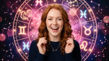 Femme souriante sous un ciel étoilé mystique symbolisant l'horoscope du 27 août 2026
